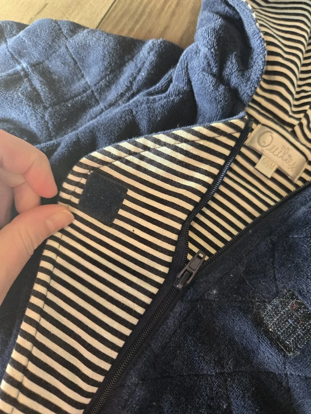 Quiltex Navy Blue Quilted Hooded Baby One‑Piece with Ears – Size 6/9 Months